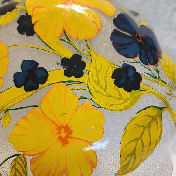 Gorgeous Reverse Painted Vtg. Ruffled Edge Gilt Trimmed Pebbled Bowl Yellow Blue - Picture 6 of 10
